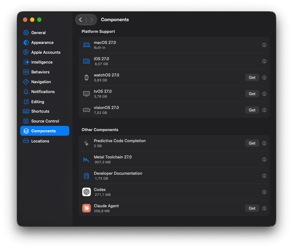 Xcode 27 Components settings showing iOS 27 support, Developer Documentation, and Codex installed