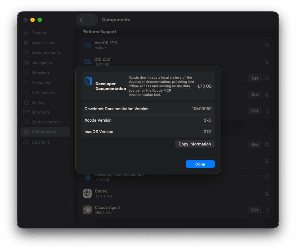 Xcode 27 Developer Documentation details showing version 10M13950