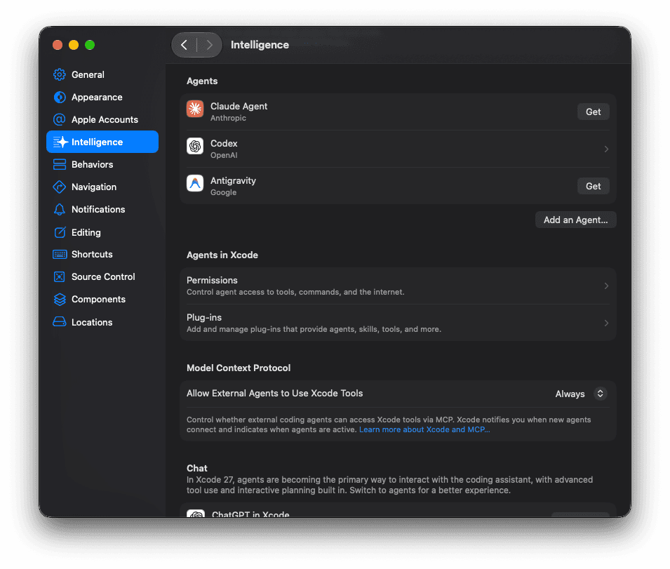 Xcode 27 Intelligence settings showing Allow External Agents to Use Xcode Tools set to Always